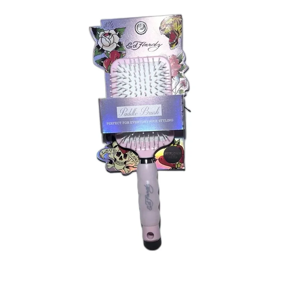 Ed Hardy Pink Paddle Detangler Hair Brush Comfortable Grip Handle NEW in Box